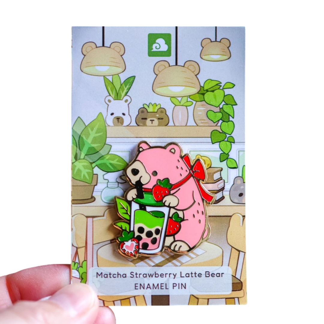 Matcha Strawberry Latte Bear Enamel Pin Thousand Skies Clothing/Accessories