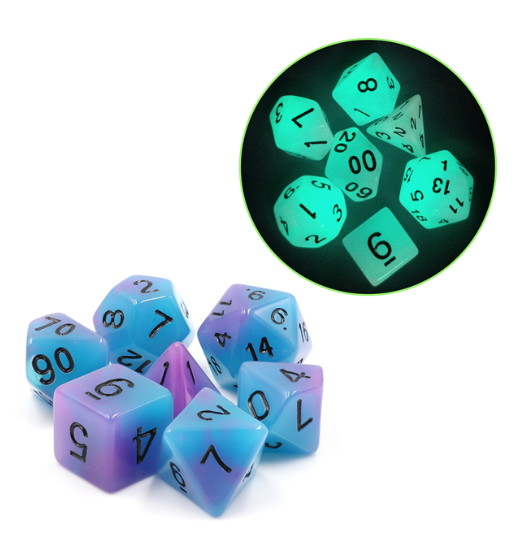 Blue and Purple Glow in the Dark Dice Set